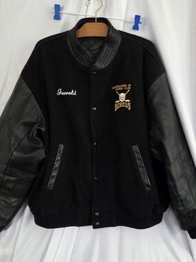 Vintage 1990's Reynold Rebels Black Letterman Jacket. Men's XL Leather, Wool.